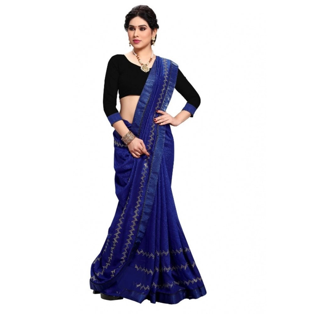 Clasymist Women's Vichitra Silk HotFix Stone Work Saree With Blouse (Blue, 5-6 Mtrs)