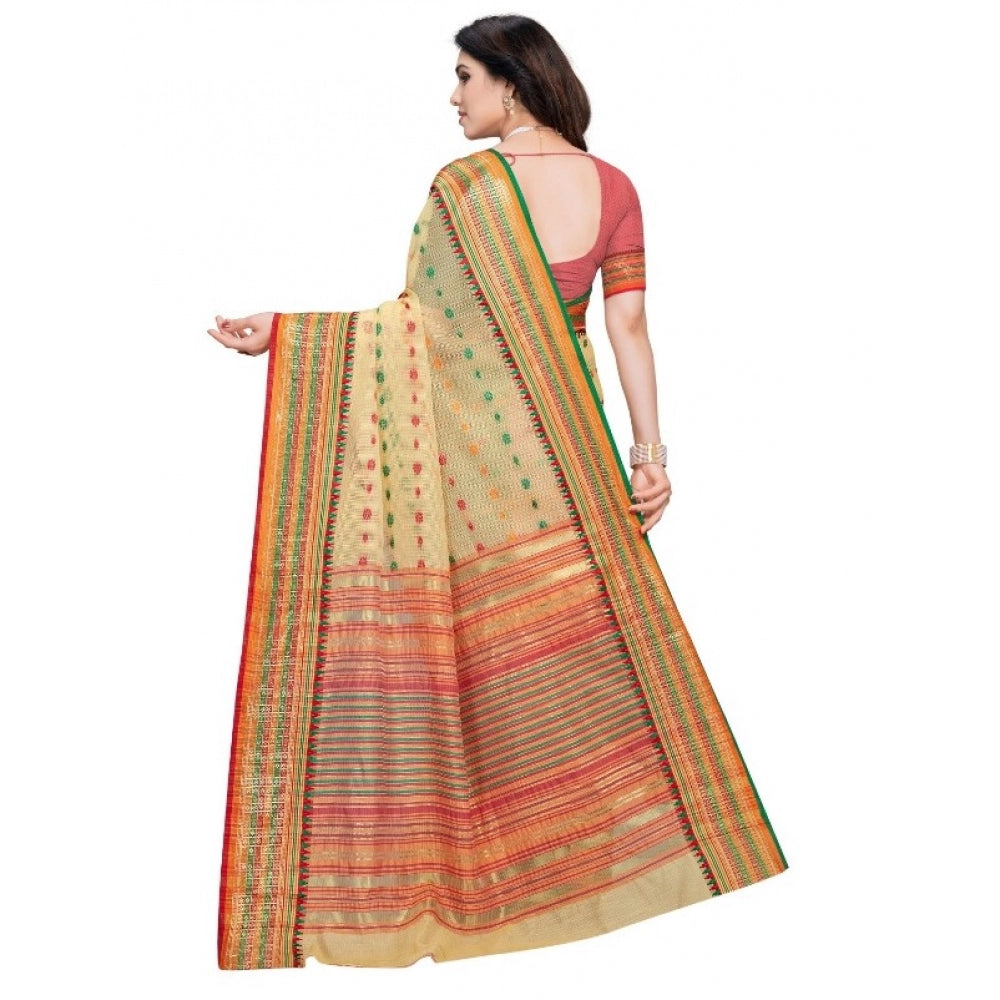 Clasymist Women's Kota Doria Cotton Woven Butta Saree With Blouse (Beige, 5-6 Mtrs)