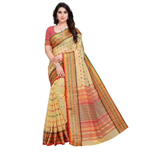 Clasymist Women's Kota Doria Cotton Woven Butta Saree With Blouse (Beige, 5-6 Mtrs)