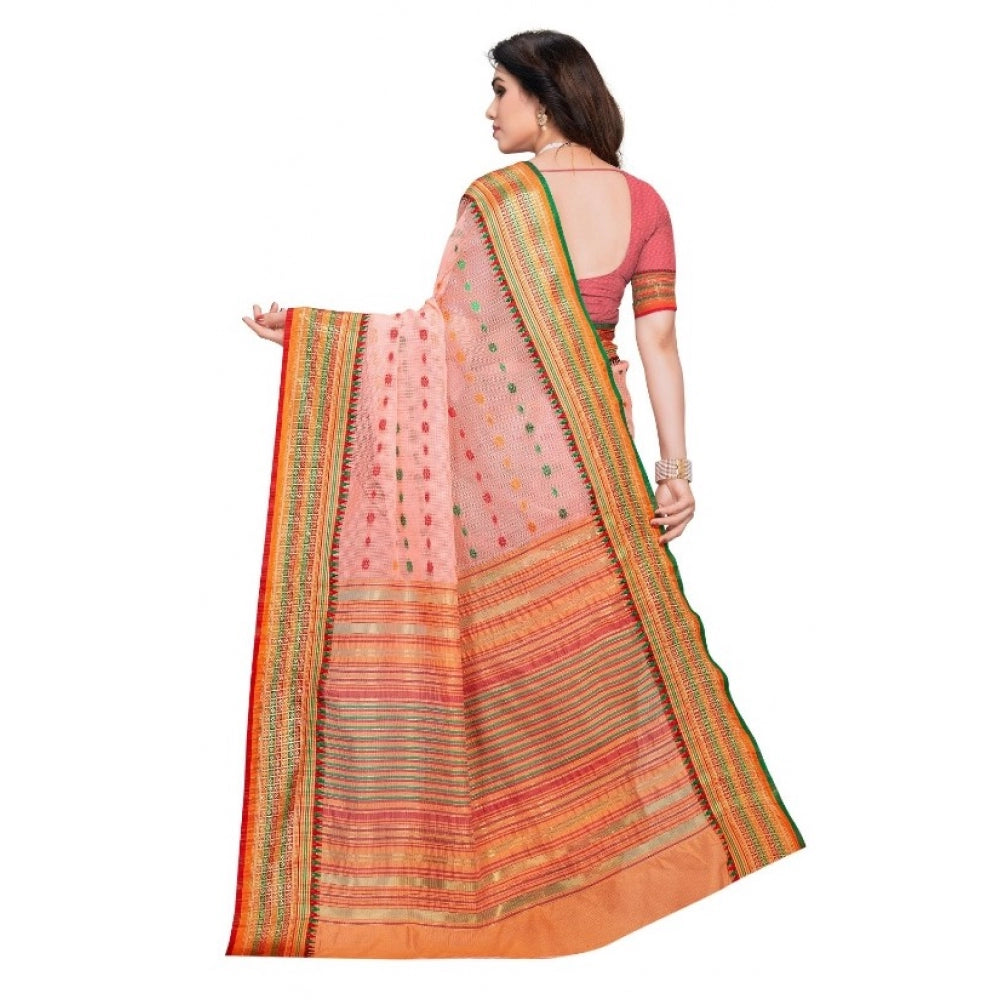 Clasymist Women's Kota Doria Cotton Woven Butta Saree With Blouse (Peach, 5-6 Mtrs)