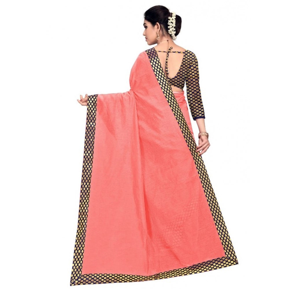 Clasymist Women's Chanderi Cotton Lace Border Saree With Blouse (Peach, 5-6 Mtrs)