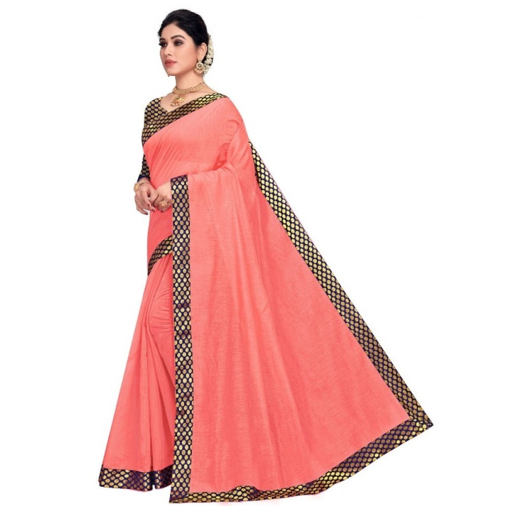 Clasymist Women's Chanderi Cotton Lace Border Saree With Blouse (Peach, 5-6 Mtrs)