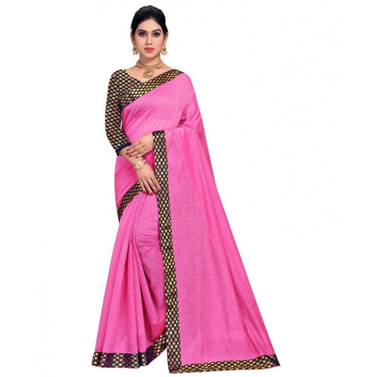 Clasymist Women's Chanderi Cotton Lace Border Saree With Blouse (Pink, 5-6 Mtrs)