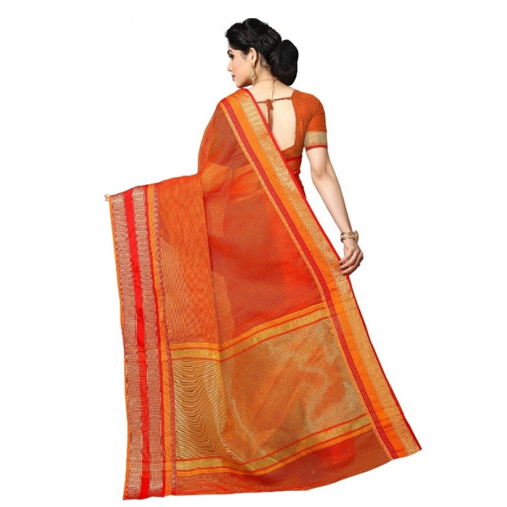 Clasymist Women's Kota Doria Cotton Border Saree With Blouse (Orange, 5-6 Mtrs)