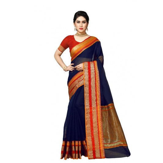 Clasymist Women's Kota Doria Cotton Border Saree With Blouse (Navy Blue, 5-6 Mtrs)