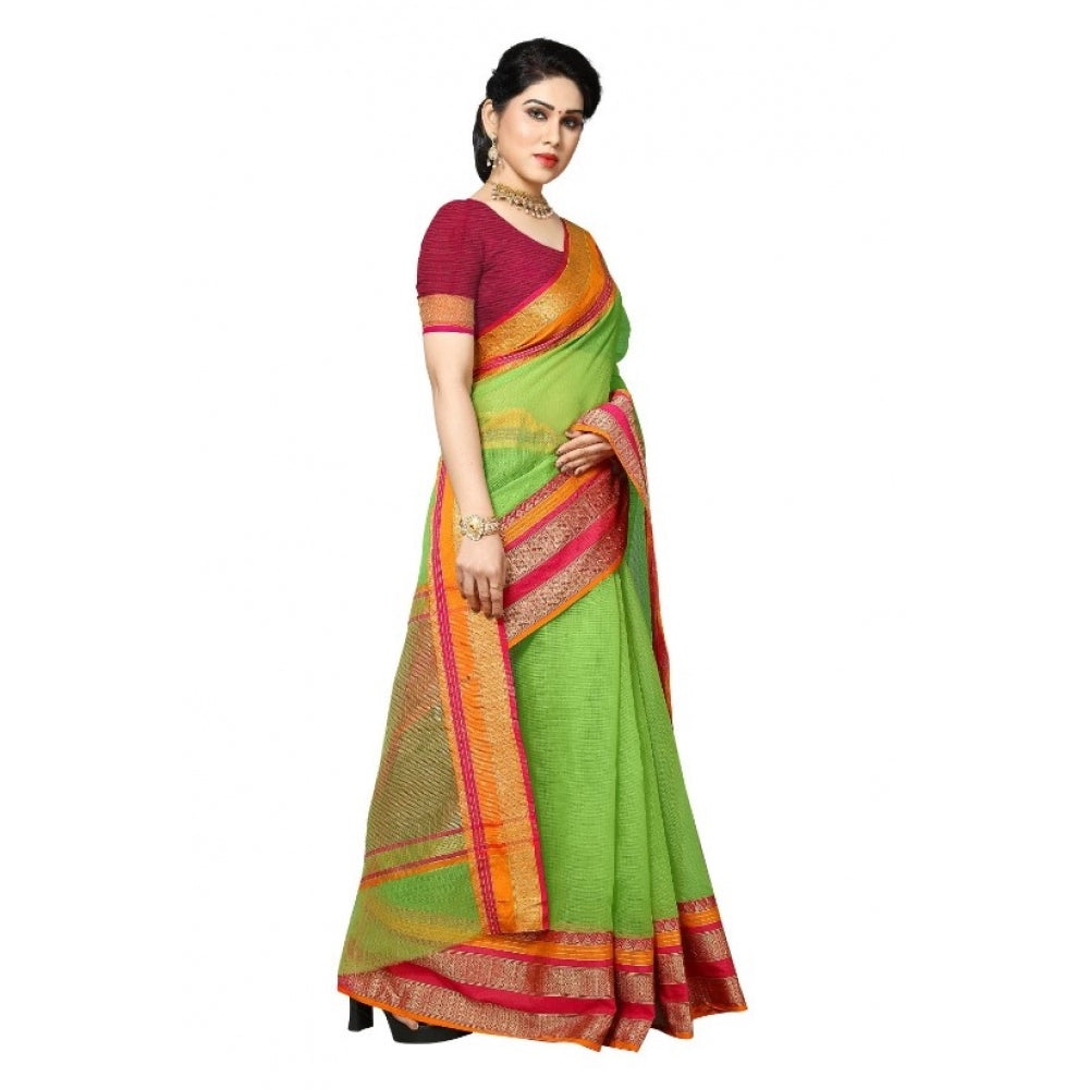 Clasymist Women's Kota Doria Cotton Border Saree With Blouse (Light Green, 5-6 Mtrs)