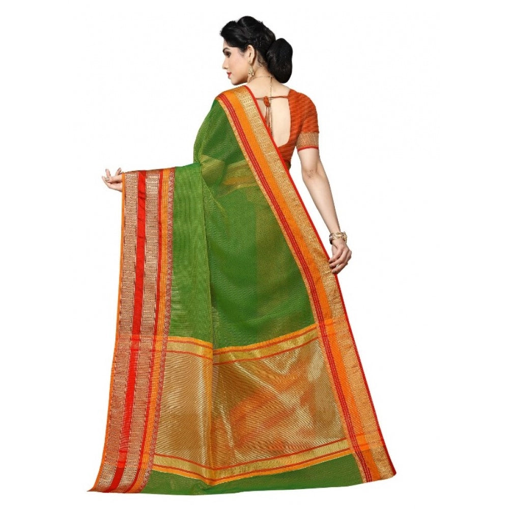 Clasymist Women's Kota Doria Cotton Border Saree With Blouse (Green, 5-6 Mtrs)