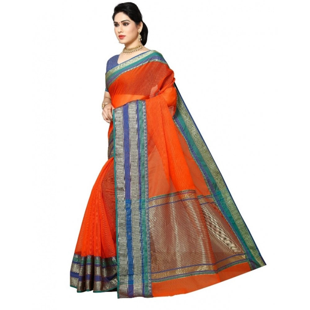 Clasymist Women's Kota Doria Cotton Border Saree With Blouse (Fanta, 5-6 Mtrs)