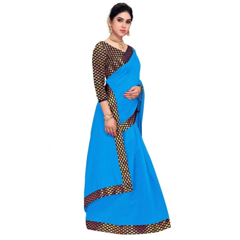 Clasymist Women's Chanderi Cotton Lace Border Saree With Blouse (Sky Blue, 5-6 Mtrs)