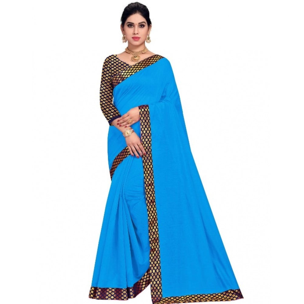 Clasymist Women's Chanderi Cotton Lace Border Saree With Blouse (Sky Blue, 5-6 Mtrs)