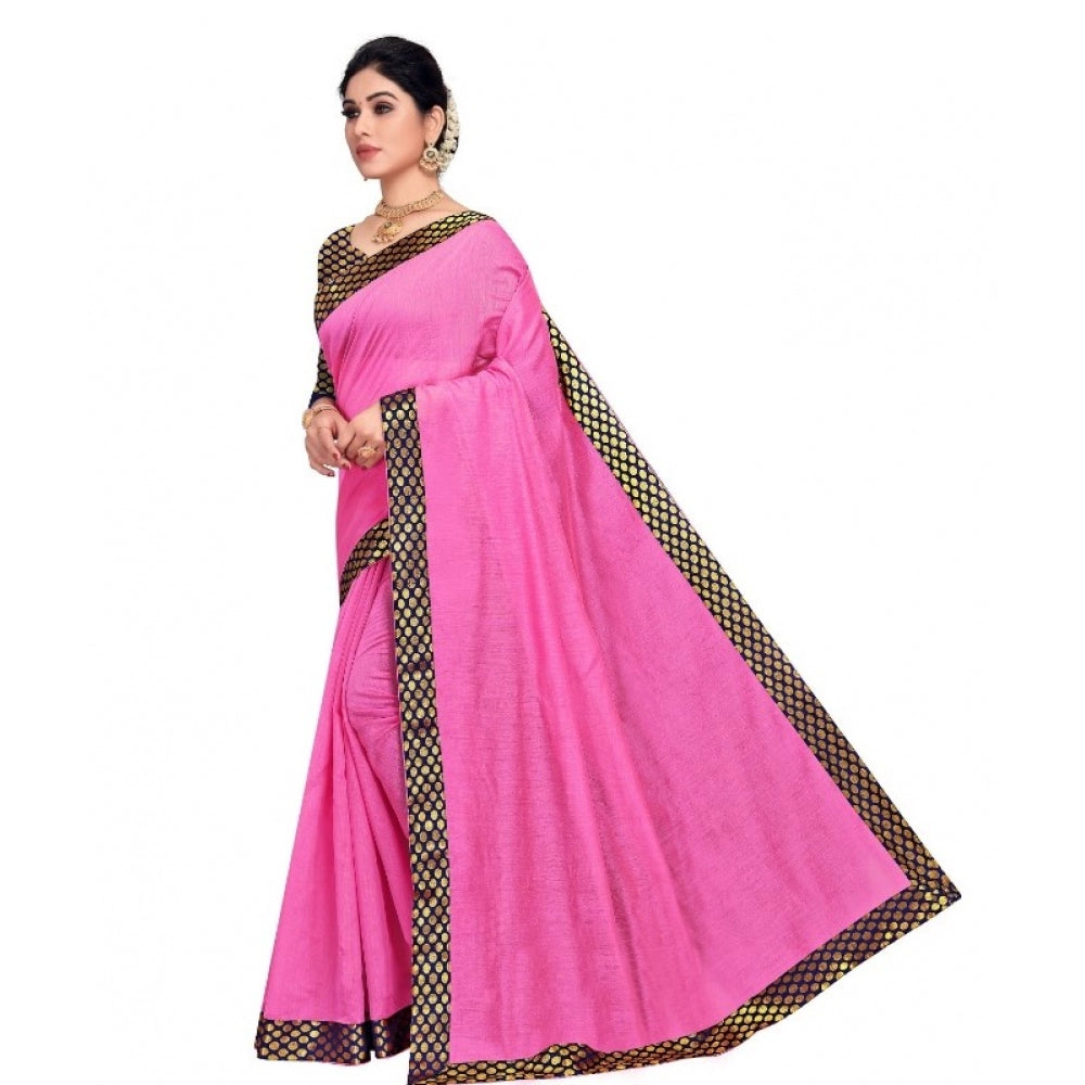 Clasymist Women's Chanderi Cotton Lace Border Saree With Blouse (Pink, 5-6 Mtrs)