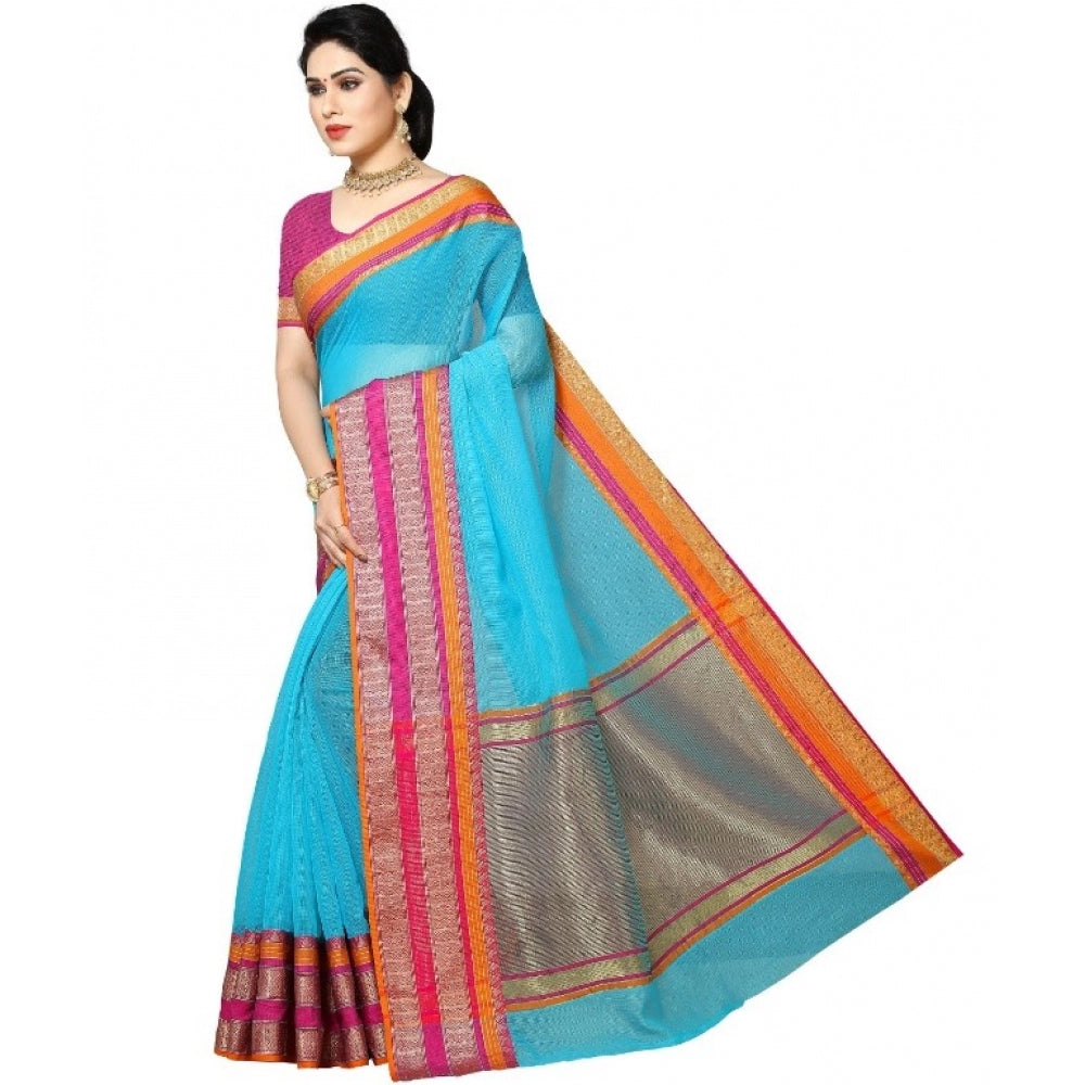 Clasymist Women's Kota Doria Cotton Border Saree With Blouse (Sky Blue, 5-6 Mtrs)