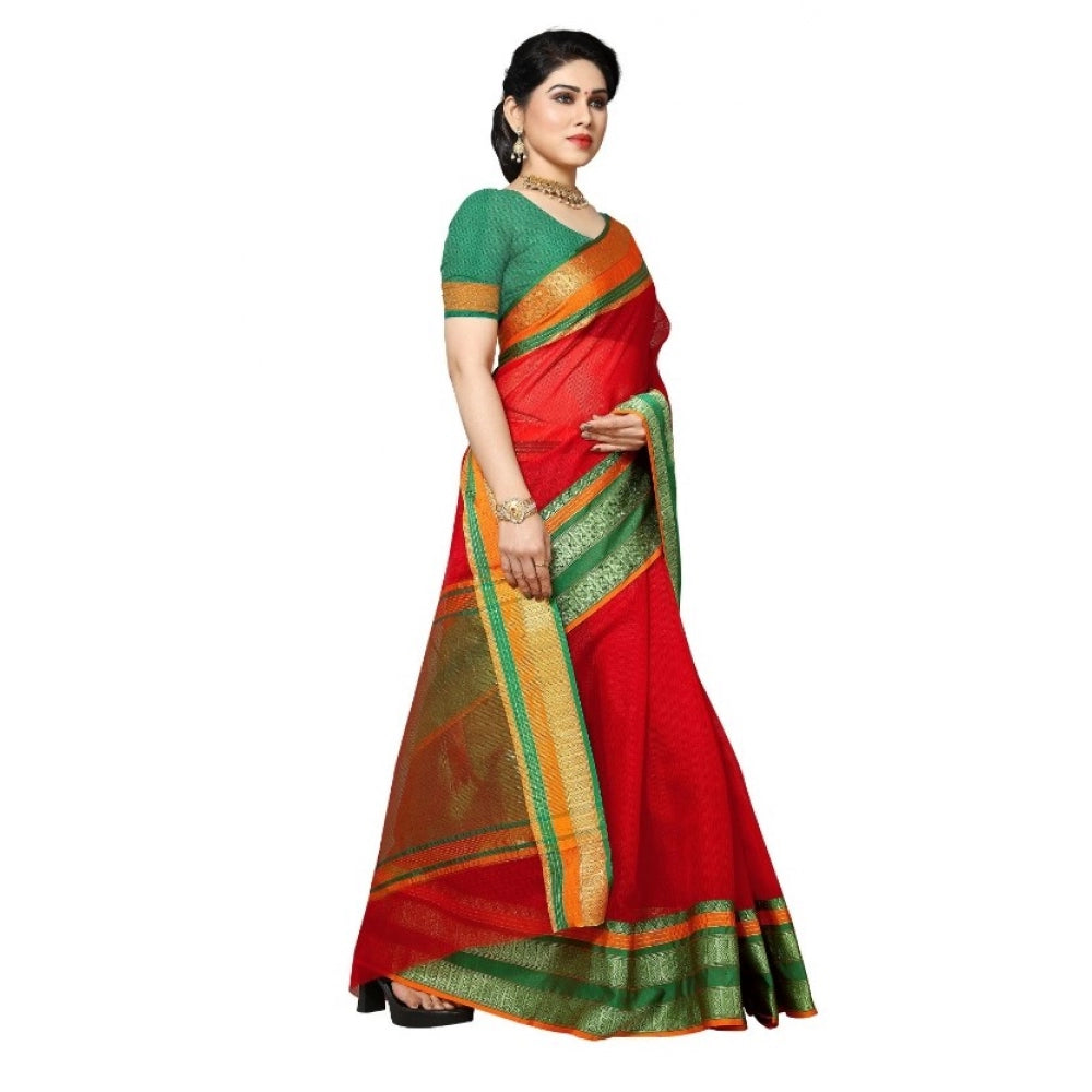 Clasymist Women's Kota Doria Cotton Border Saree With Blouse (Red, 5-6 Mtrs)