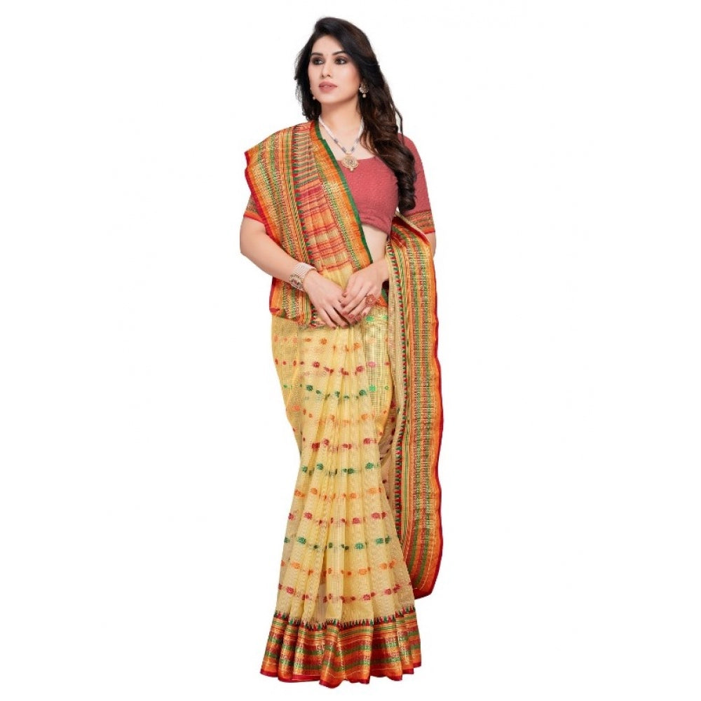 Clasymist Women's Kota Doria Cotton Woven Butta Saree With Blouse (Beige, 5-6 Mtrs)