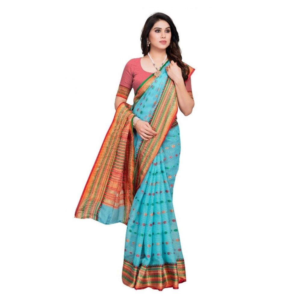 Clasymist Women's Kota Doria Cotton Woven Butta Saree With Blouse (Sky Blue, 5-6 Mtrs)