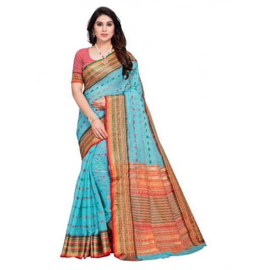 Clasymist Women's Kota Doria Cotton Woven Butta Saree With Blouse (Sky Blue, 5-6 Mtrs)