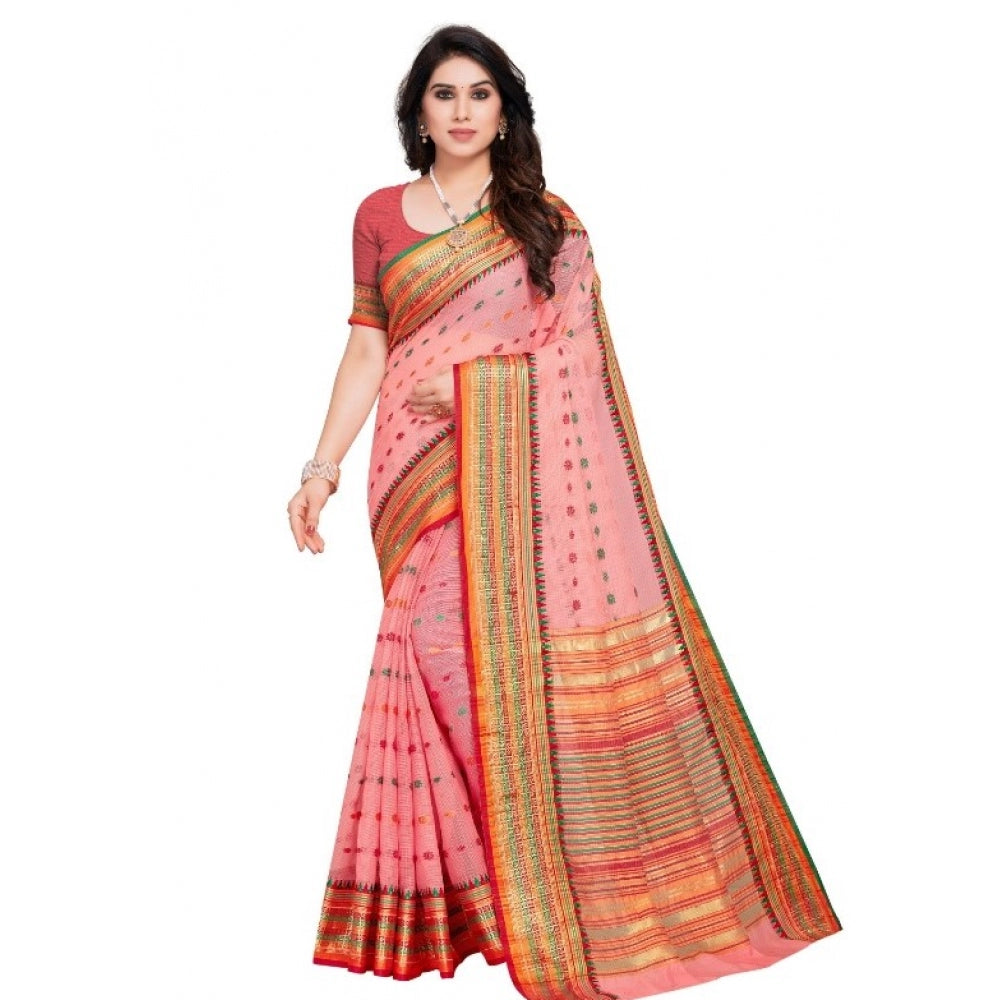 Clasymist Women's Kota Doria Cotton Woven Butta Saree With Blouse (Pink, 5-6 Mtrs)