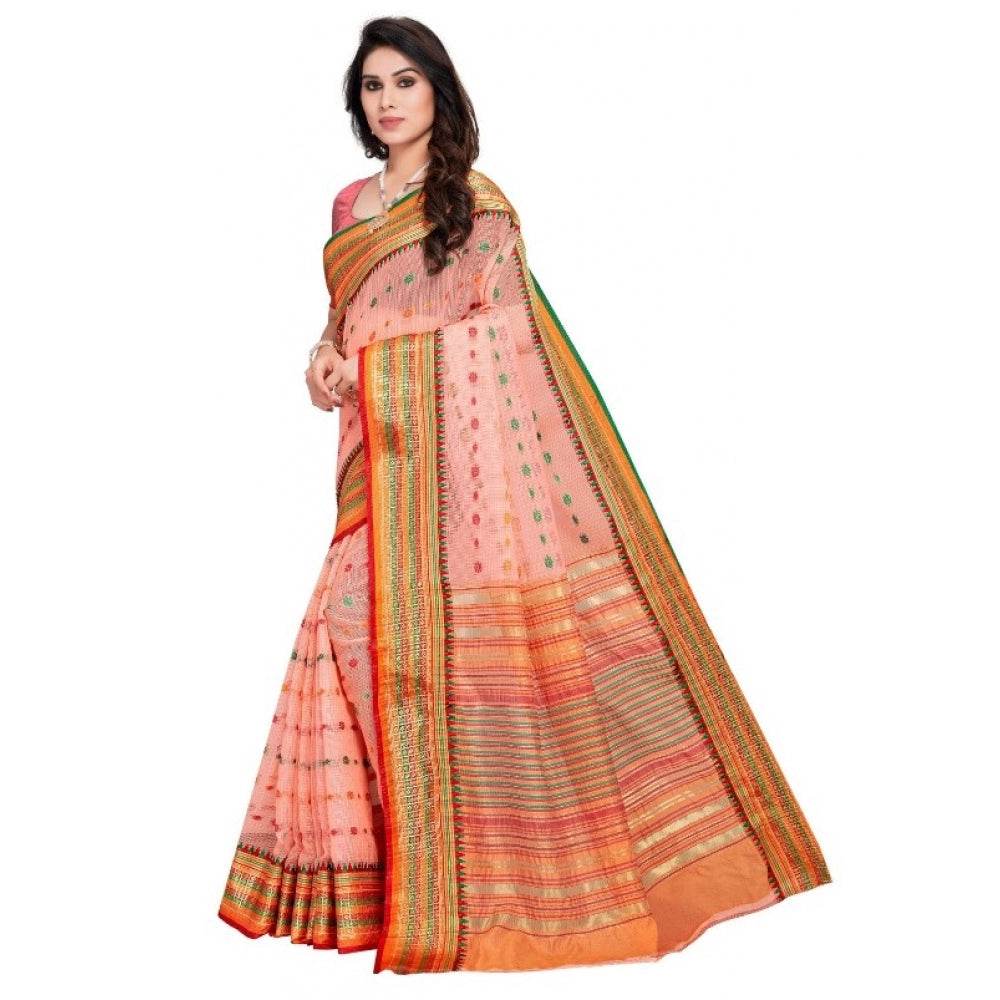 Clasymist Women's Kota Doria Cotton Woven Butta Saree With Blouse (Peach, 5-6 Mtrs)