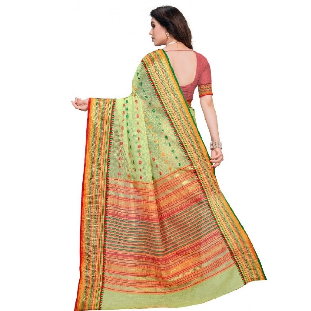 Clasymist Women's Kota Doria Cotton Woven Butta Saree With Blouse (Light Green, 5-6 Mtrs)