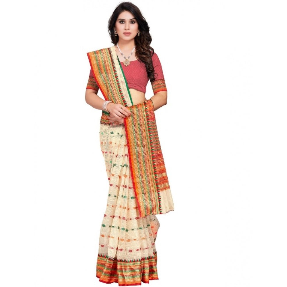 Clasymist Women's Kota Doria Cotton Woven Butta Saree With Blouse (Cream, 5-6 Mtrs)