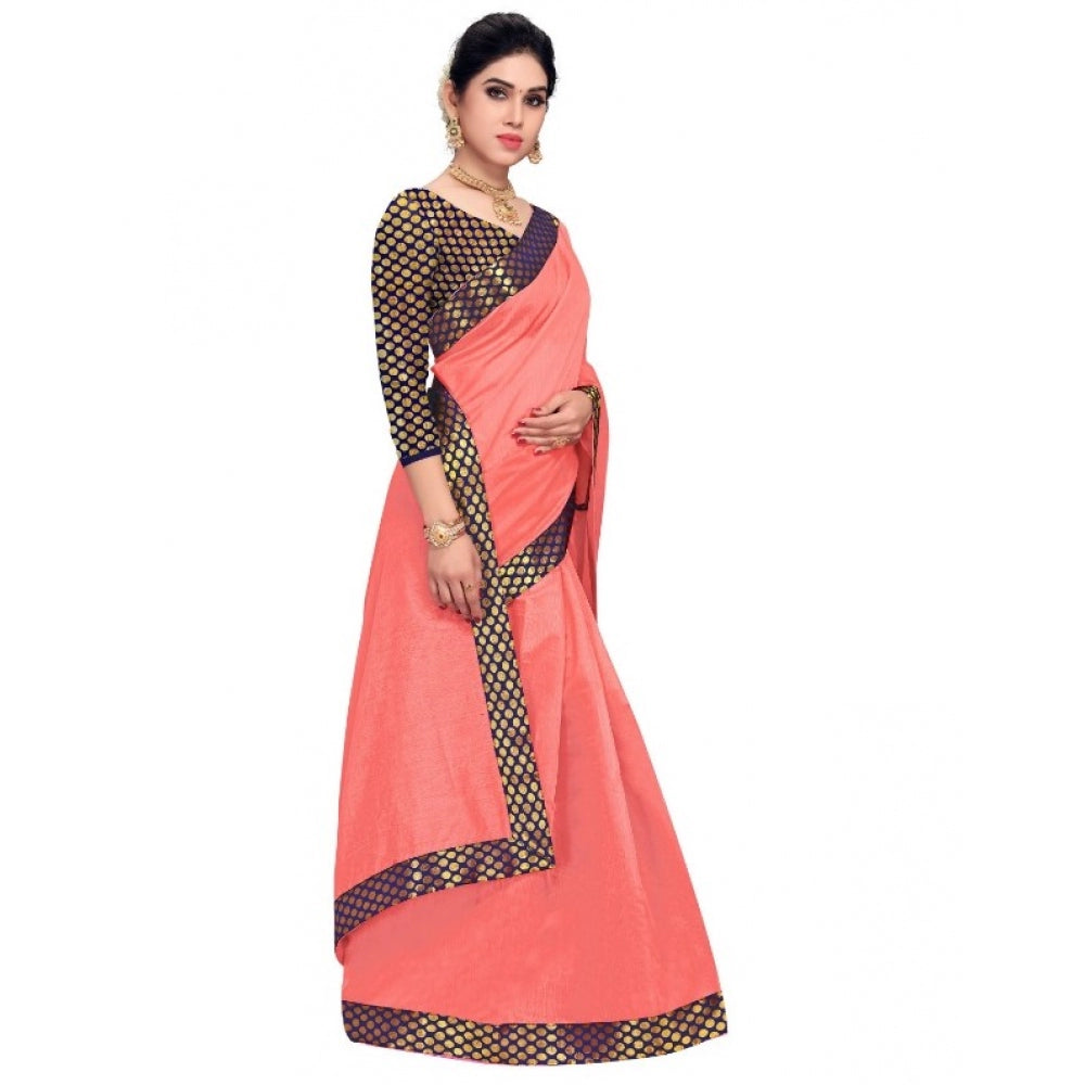 Clasymist Women's Chanderi Cotton Lace Border Saree With Blouse (Peach, 5-6 Mtrs)