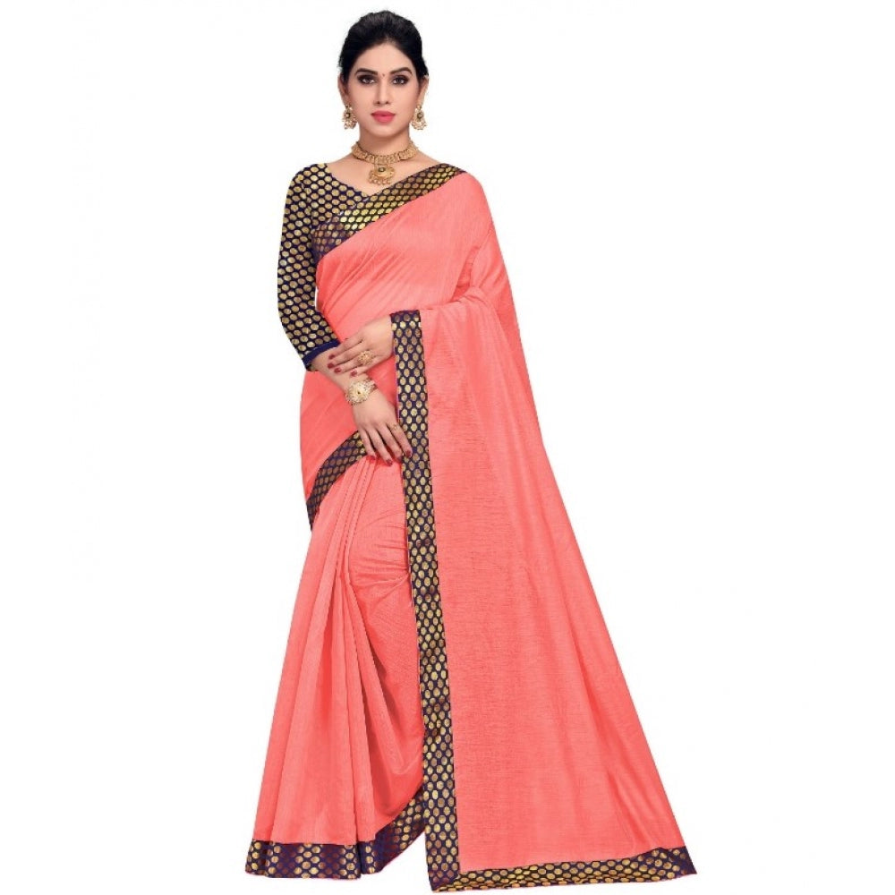 Clasymist Women's Chanderi Cotton Lace Border Saree With Blouse (Peach, 5-6 Mtrs)