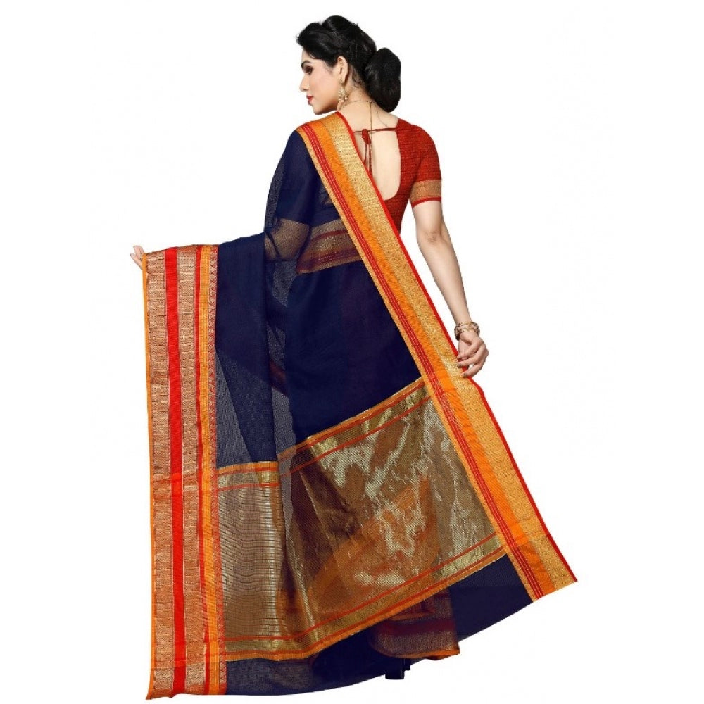 Clasymist Women's Kota Doria Cotton Border Saree With Blouse (Navy Blue, 5-6 Mtrs)