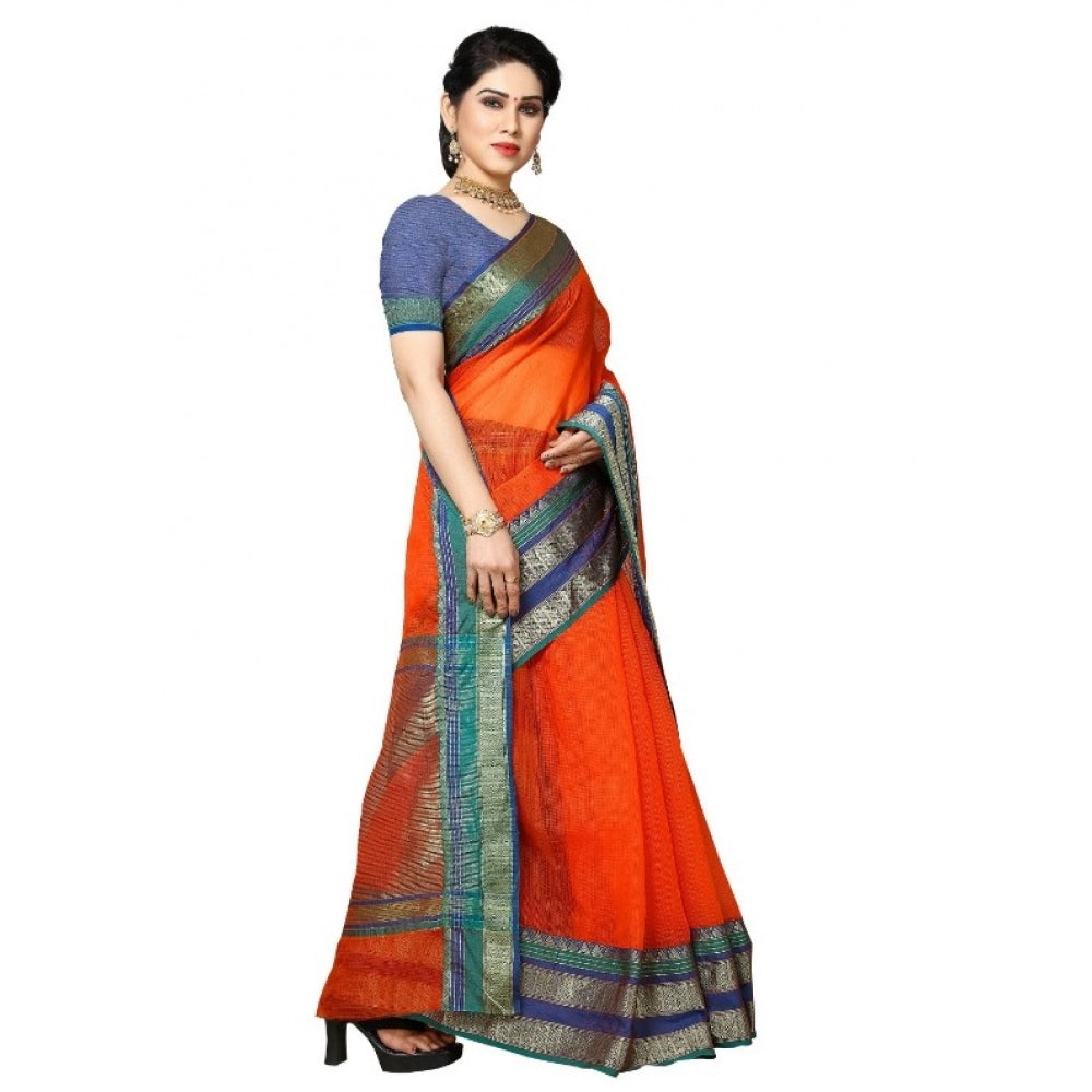 Clasymist Women's Kota Doria Cotton Border Saree With Blouse (Fanta, 5-6 Mtrs)