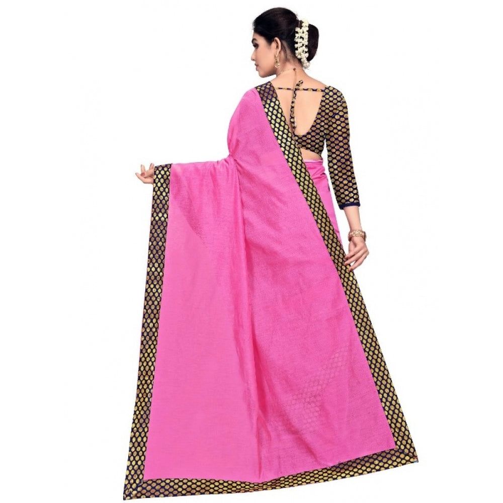 Clasymist Women's Chanderi Cotton Lace Border Saree With Blouse (Pink, 5-6 Mtrs)