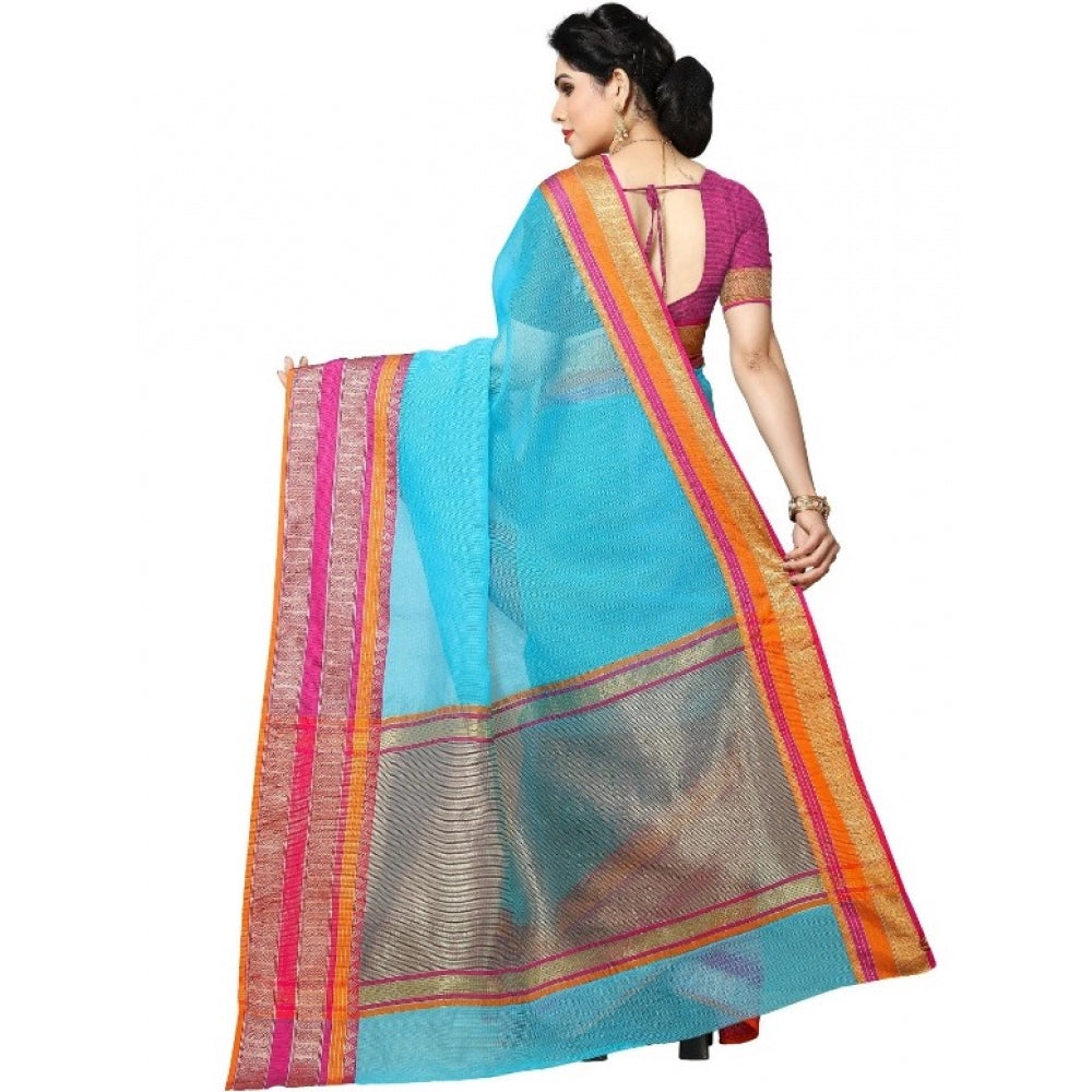 Clasymist Women's Kota Doria Cotton Border Saree With Blouse (Sky Blue, 5-6 Mtrs)