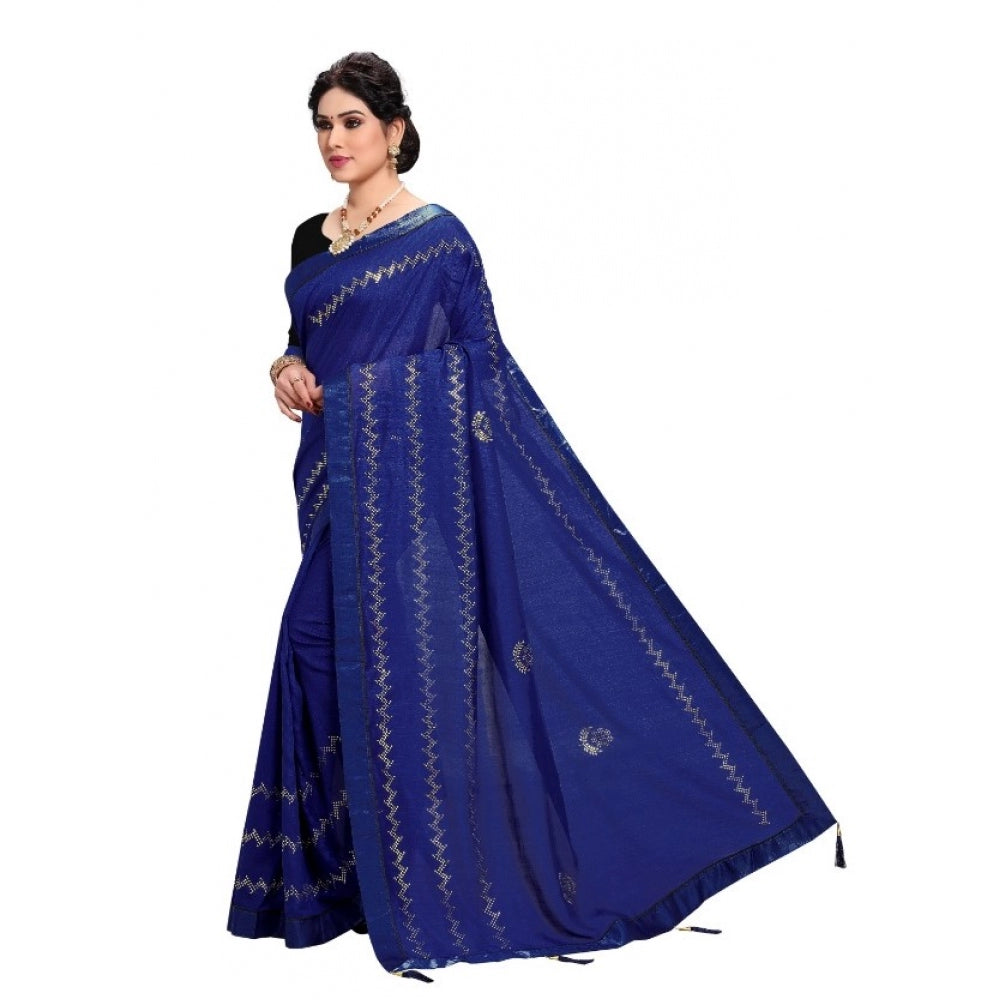 Clasymist Women's Vichitra Silk HotFix Stone Work Saree With Blouse (Blue, 5-6 Mtrs)