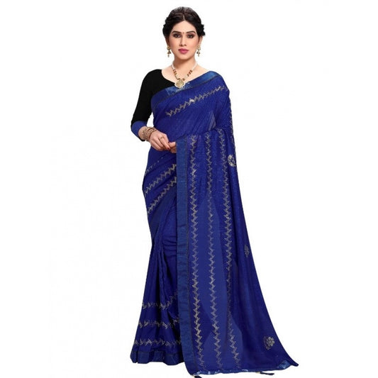 Clasymist Women's Vichitra Silk HotFix Stone Work Saree With Blouse (Blue, 5-6 Mtrs)