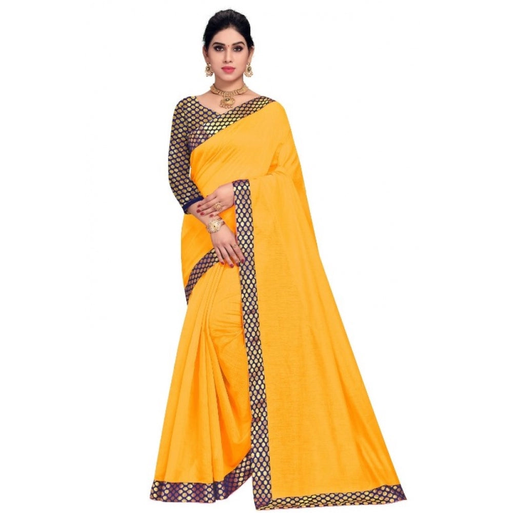 Clasymist Women's Chanderi Cotton Lace Border Saree With Blouse (Gold, 5-6 Mtrs)