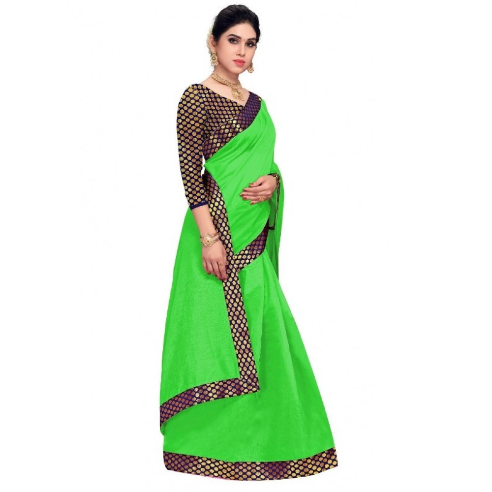 Clasymist Women's Chanderi Cotton Lace Border Saree With Blouse (Green, 5-6 Mtrs)