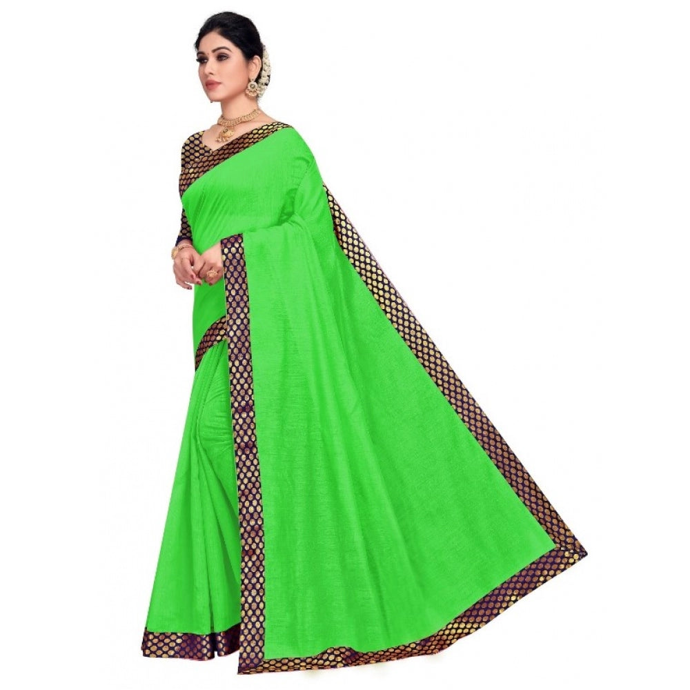 Clasymist Women's Chanderi Cotton Lace Border Saree With Blouse (Green, 5-6 Mtrs)