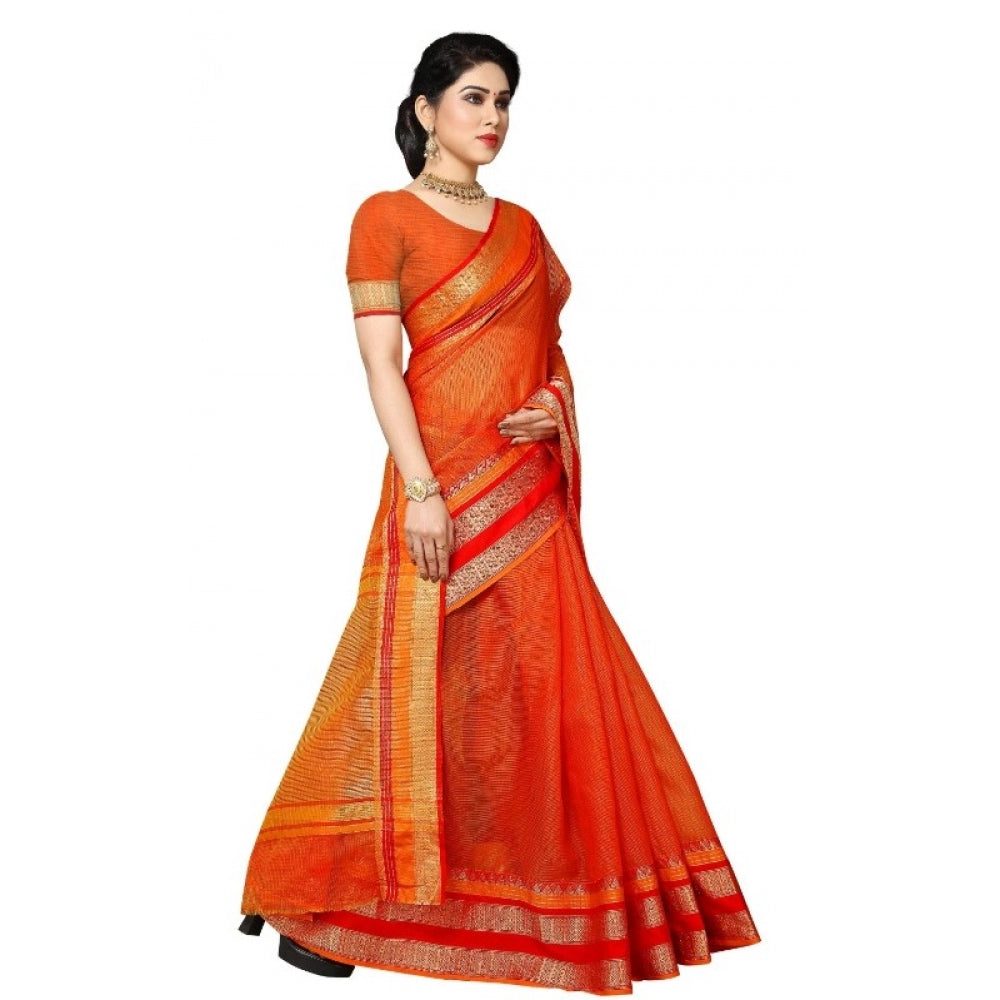 Clasymist Women's Kota Doria Cotton Border Saree With Blouse (Orange, 5-6 Mtrs)