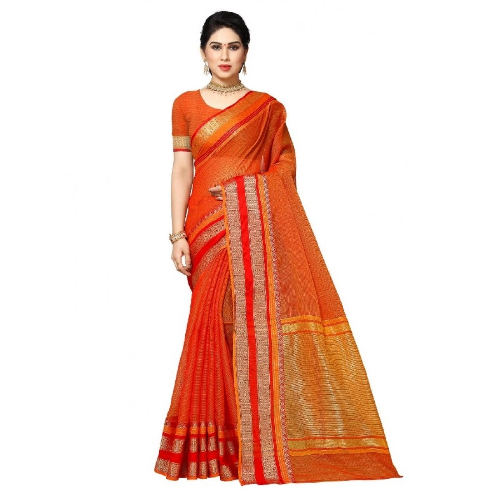 Clasymist Women's Kota Doria Cotton Border Saree With Blouse (Orange, 5-6 Mtrs)