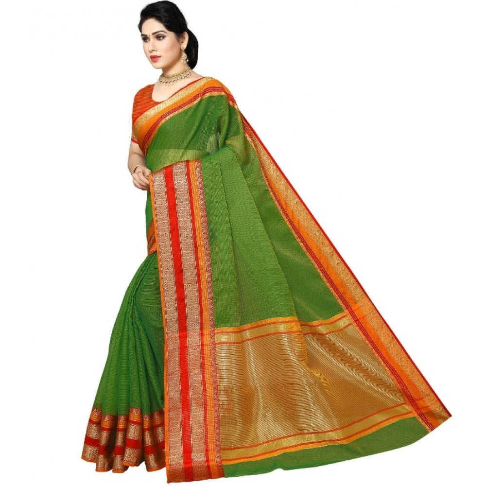 Clasymist Women's Kota Doria Cotton Border Saree With Blouse (Green, 5-6 Mtrs)