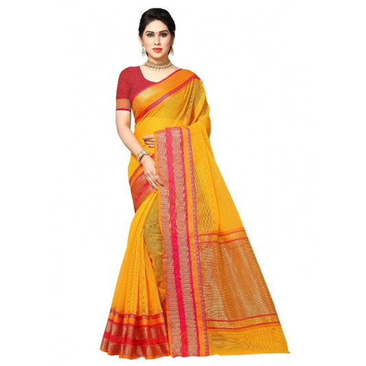 Clasymist Women's Kota Doria Cotton Border Saree With Blouse (Gold, 5-6 Mtrs)