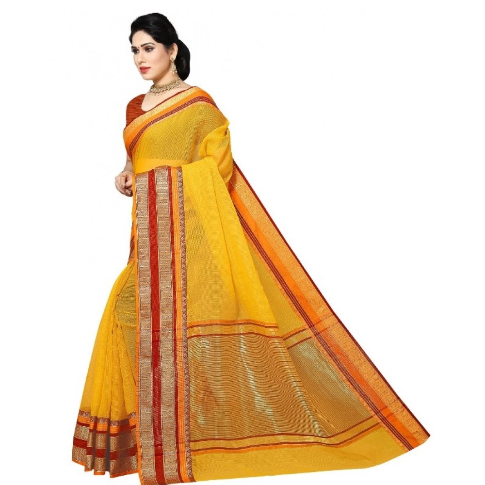 Clasymist Women's Kota Doria Cotton Border Saree With Blouse (Yellow, 5-6 Mtrs)