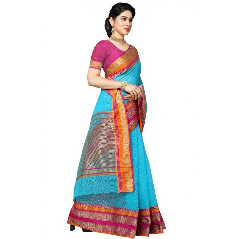 Clasymist Women's Kota Doria Cotton Border Saree With Blouse (Sky Blue, 5-6 Mtrs)