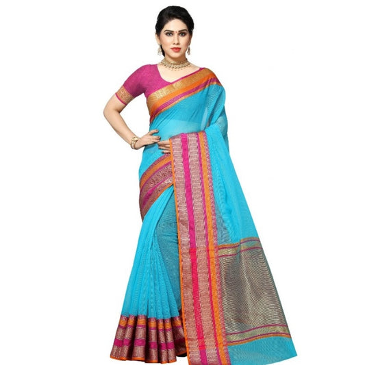 Clasymist Women's Kota Doria Cotton Border Saree With Blouse (Sky Blue, 5-6 Mtrs)