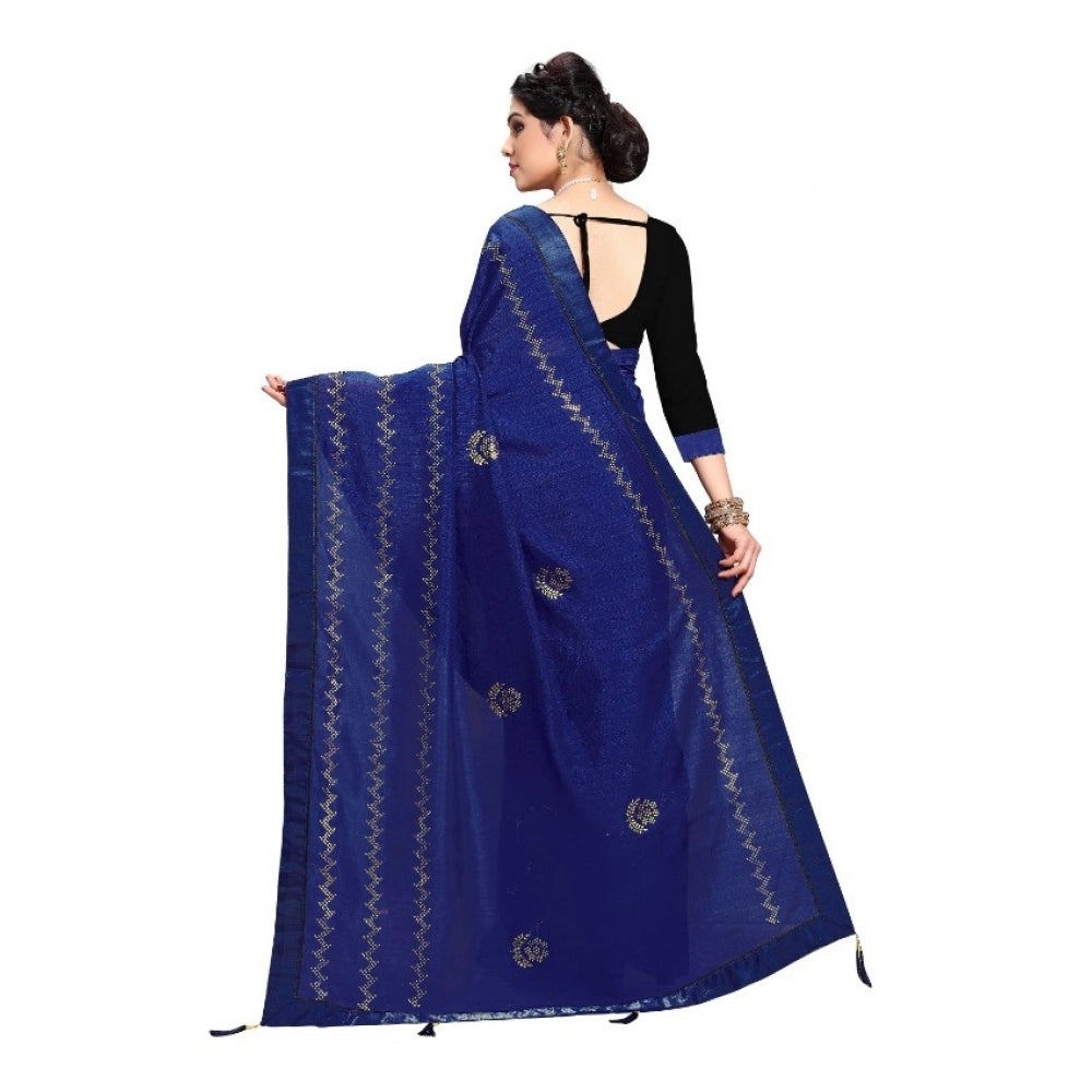 Clasymist Women's Vichitra Silk HotFix Stone Work Saree With Blouse (Blue, 5-6 Mtrs)