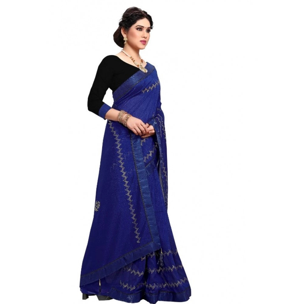 Clasymist Women's Vichitra Silk HotFix Stone Work Saree With Blouse (Blue, 5-6 Mtrs)