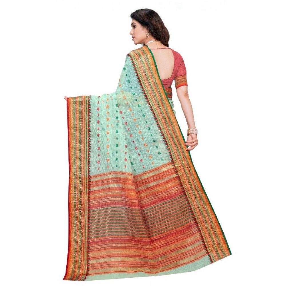 Clasymist Women's Kota Doria Cotton Woven Butta Saree With Blouse (Pista, 5-6 Mtrs)