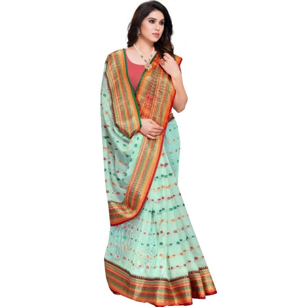 Clasymist Women's Kota Doria Cotton Woven Butta Saree With Blouse (Pista, 5-6 Mtrs)