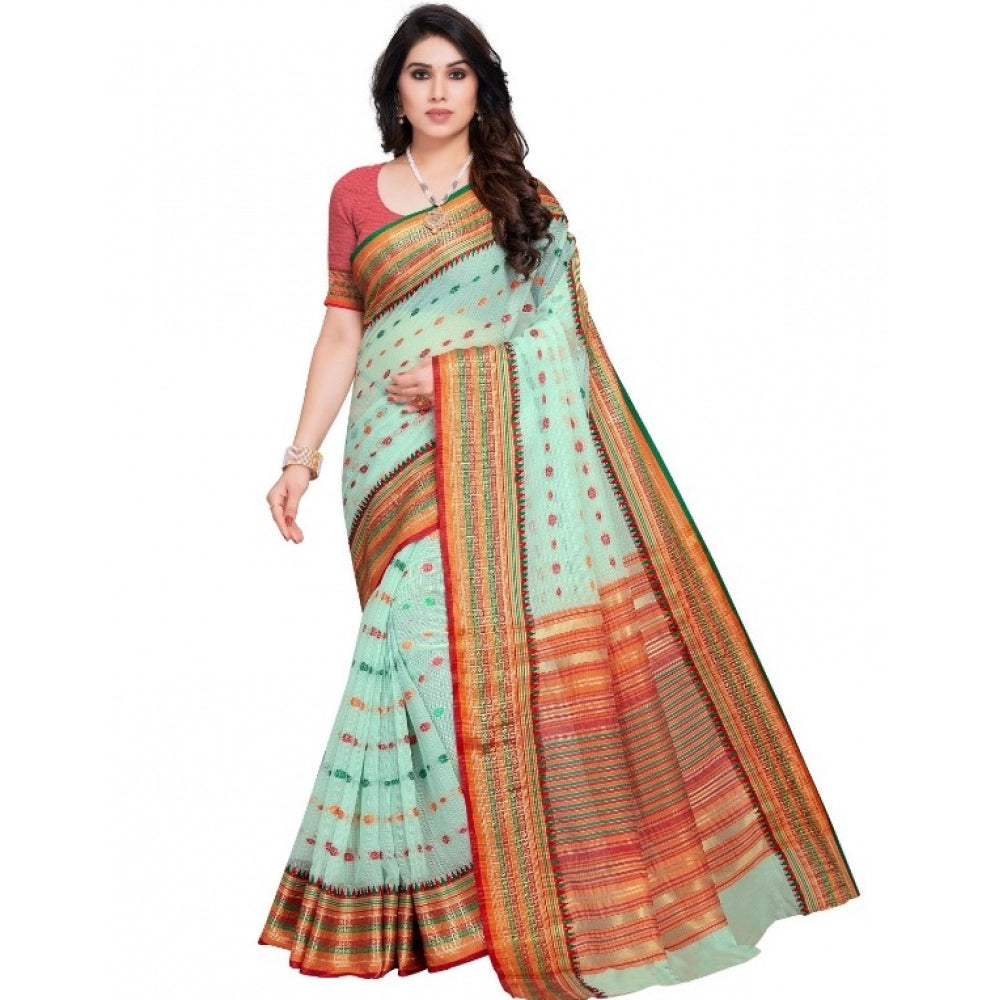 Clasymist Women's Kota Doria Cotton Woven Butta Saree With Blouse (Pista, 5-6 Mtrs)