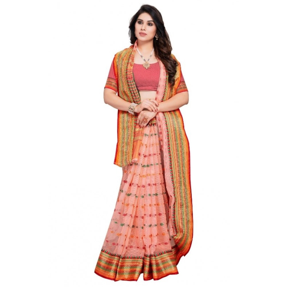 Clasymist Women's Kota Doria Cotton Woven Butta Saree With Blouse (Peach, 5-6 Mtrs)