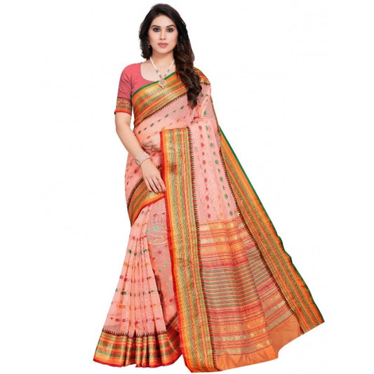 Clasymist Women's Kota Doria Cotton Woven Butta Saree With Blouse (Peach, 5-6 Mtrs)