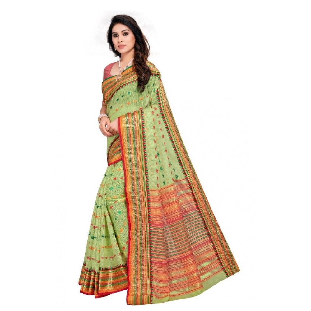 Clasymist Women's Kota Doria Cotton Woven Butta Saree With Blouse (Light Green, 5-6 Mtrs)